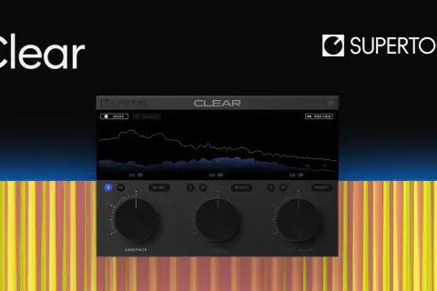 The Supertone Clear interface, a goyo voice separator, displays audio spectrum analysis and controls for ambience, voice, and voice reverb.