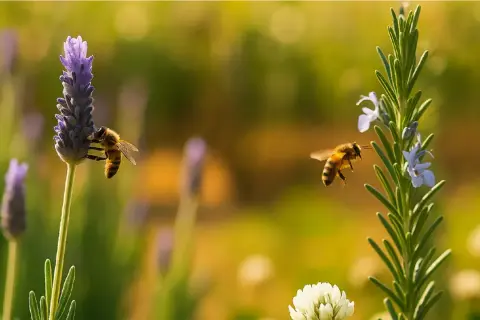 Dos abejas visitan flores de lavanda y romero. Un ejemplo perfecto de como atraer abejas a tu jardín.