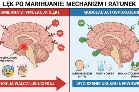 Lewa strona mózgu pokazuje nadmierną stymulację THC, wywołującą lęk i reakcję "walcz lub uciekaj". Prawa strona ilustruje modulację CBD, uspokojenie, głębokie oddechy i zmianę otoczenia, by uniknąć bad trip.
