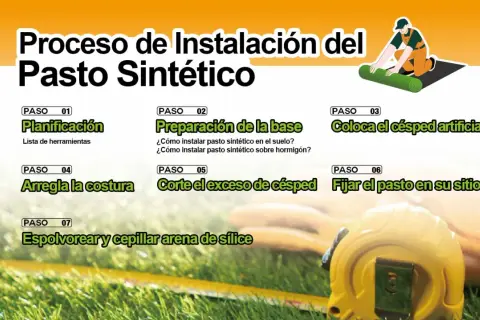 Guía paso a paso para la instalación de césped artificial: planificación, preparación, colocación, corte, fijación y acabado.