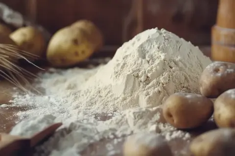Stos mąki ziemniaczanej, idealnej do pieczenia, otoczony ziemniakami i kłosami zbóż.