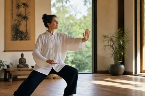 Donna pratica qi gong, un'antica arte cinese per il benessere. La sua postura fluida e il respiro calmo mostrano cos'è qi gong: armonia tra corpo e mente.