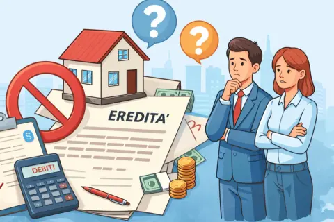 Coppia pensierosa valuta l'atto di rinuncia alla proprietà, con casa, debiti e denaro.