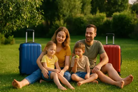 Rodzina z walizkami pod gruszą, gotowa na wczasy. Poznaliśmy już wczasy pod gruszą zasady, teraz czas na relaks.