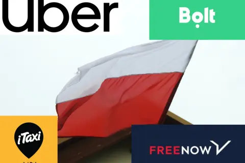 Logo Uber, Bolt, iTaxi i FREE NOW na tle polskiej flagi. Wybór transportu: Bolt czy Uber?
