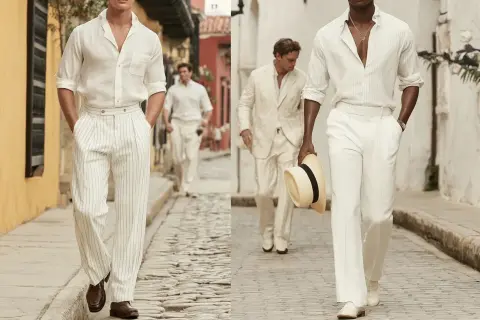 Uomini con eleganti pantaloni bianchi a righe e camicie leggere, passeggiano su un acciottolato.
