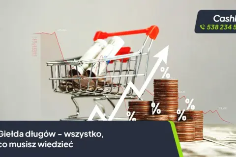 Miniaturowy wózek sklepowy wypełniony monetami i banknotami, symbolizujący giełdę długów. Wykresy i procenty sugerują zmienność rynkową.