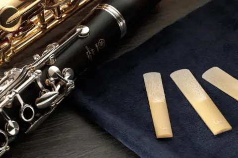 Złoty saksofon i czarny klarnet, obok nich trzy stroiki. Te instrumenty dęte drewniane czekają na muzyka.
