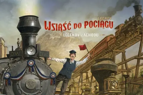 Wsiąść do pociągu Legacy: Legendy Zachodu. Konduktor z czerwoną flagą zaprasza do podróży parowozem przez malownicze krajobrazy.