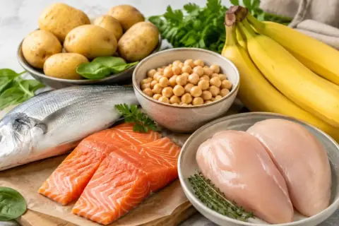 Bananen, Fisch, Hähnchenbrust, Kichererbsen, Kartoffeln und Spinat – alles leckere Vitamin B6 Lebensmittel für eine ausgewogene Ernährung.