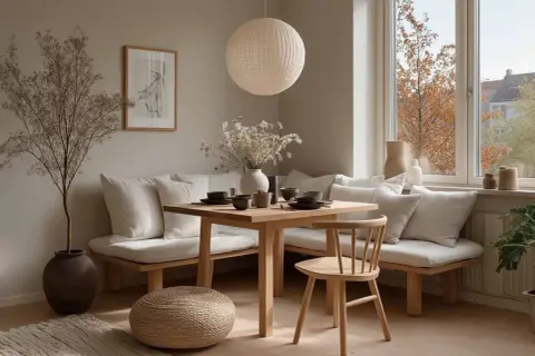 Gemütliche Essplatz Ideen für wenig Platz: Eckbank mit Holztisch, Kissen und Beistellhocker schaffen eine einladende Atmosphäre.