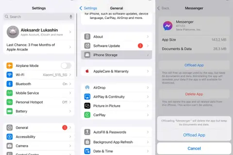 Sprawdzam, czy wiadomości na Messengerze zajmują pamięć. Widok pokazuje ustawienia iPhone'a, gdzie można zarządzać przestrzenią dyskową aplikacji.