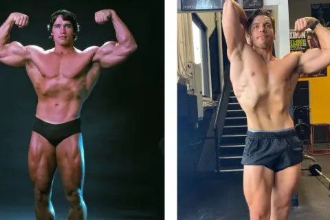 Arnold Schwarzenegger barn jämförs med en modern bodybuilder. Båda visar upp sina muskler i en klassisk pose.