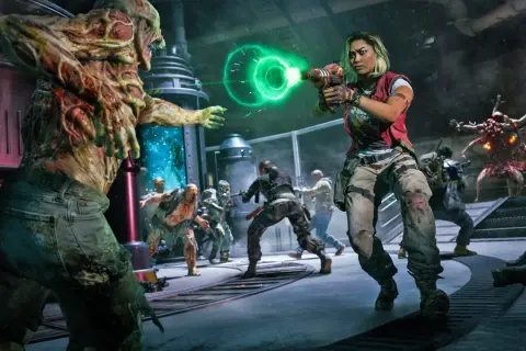 Kobieta strzela do hordy zombie z futurystycznej broni. Intensywna akcja w stylu gry o zombie.