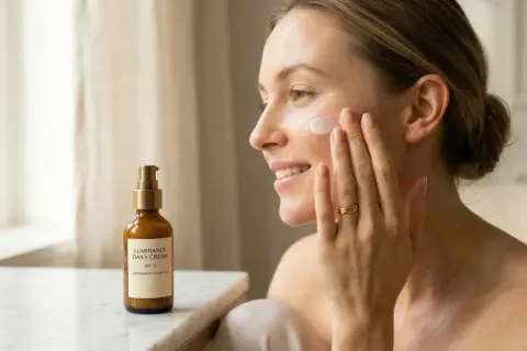 Krem z filtrem SPF 30 to podstawa codziennej pielęgnacji. Kobieta aplikuje go na twarz, dbając o ochronę przed słońcem.