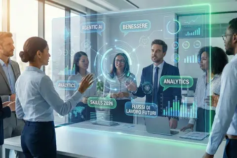 Team discute strategie di risorse umane su schermo olografico con dati su AI, benessere e flussi di lavoro futuri.