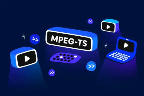 MPEG-TS is the format for live stream broadcasting. Devices like laptops and screens display play buttons, suggesting content delivery.