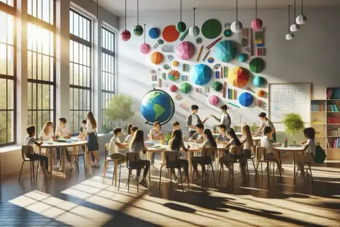 Aula luminosa con niños trabajando en proyectos educativos. Decoración colorida en la pared, un globo terráqueo y estanterías llenas de libros.