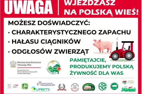 Polska 2050: stanowisko wobec protestów rolników. Plakat informuje o życiu na wsi: zapachy, hałas ciągników, odgłosy zwierząt. Podkreśla produkcję polskiej żywności.