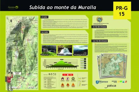 Mapa de senderismo con el mirador Monte Muralla. Incluye perfil de altitud, información sobre la ruta y la ría de Arousa.