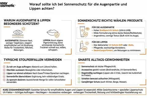 Sonnenschutz tipps für Augen & Lippen: Dünne Haut, wenig Pigmentierung. Produkte mit Breitband-UV-Schutz, milde Formulierungen & Lippenpflege sind wichtig.