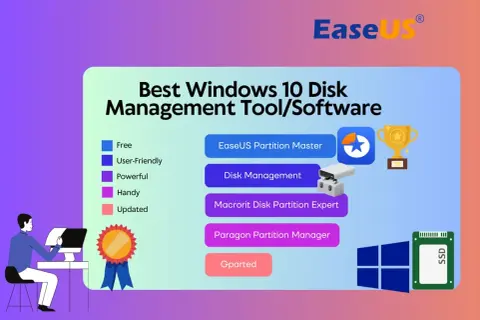 Najlepsze narzędzia do zarządzania dyskami Windows 10: EaseUS Partition Master, Disk Management, Macrorit, Paragon, Gparted.