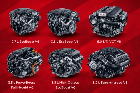 Silniki Ford F-150: 2.7L EcoBoost V6, 3.5L EcoBoost V6, 5.0L Ti-VCT V8, 3.5L PowerBoost Full Hybrid V6, 3.5L High Output EcoBoost V6, 5.2L Supercharged V8.