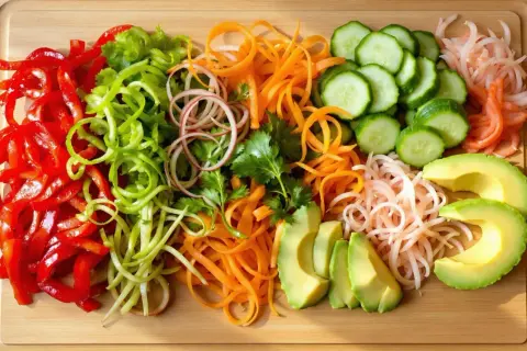 Pokrojone warzywa do sushi: papryka, ogórek, marchewka, awokado, cebula, kolendra.
