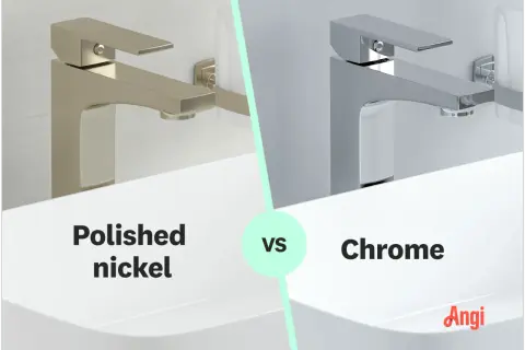 A side-by-side comparison of a modern faucet in polished nickel versus chrome, showcasing the subtle differences in their finishes.