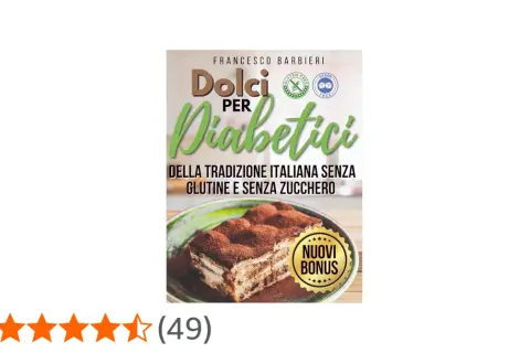 Copertina libro "Dolci per Diabetici", con un tiramisù e la promessa di dolci senza zucchero e senza glutine.