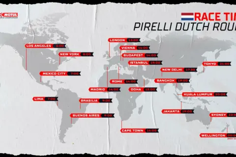 Mapa mundial con el horario SBK hoy para el Pirelli Dutch Round. Muestra horas locales en ciudades como Londres, Nueva York y Tokio.