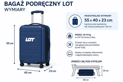 Granatowy bagaż podręczny LOT o wymiarach 55x40x23 cm, idealny na lot.