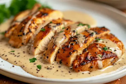 Skivad kycklinginnerfilé i krämig sås, perfekt för ett snabbt kycklinginnerfilé recept. Garnerad med peppar och persilja.