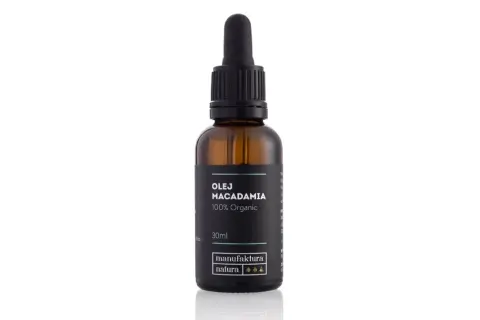 Brązowa buteleczka z pipetą, zawierająca olej do olejowania włosów Macadamia 100% Organic.