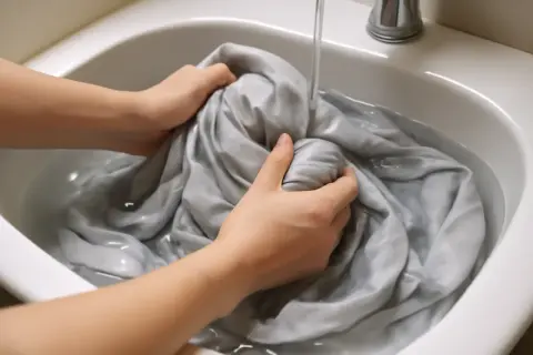 Mani che lavano delicatamente un tessuto di raso grigio in un lavandino, mostrando come lavare il raso a mano per mantenerlo morbido e lucido.
