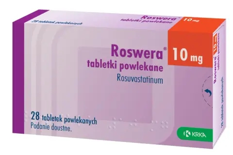 Opakowanie leku Roswera 10 mg, zawierające 28 tabletek powlekanych z rosuwastatyną.