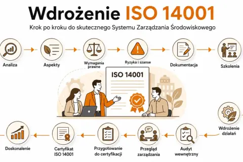 Schemat przedstawia proces wdrażania ISO 14001: analiza, aspekty, wymagania prawne, ryzyka, dokumentacja, szkolenia, wdrożenie działań, audyt, przegląd, przygotowanie do certyfikacji i certyfikat ISO 14001.
