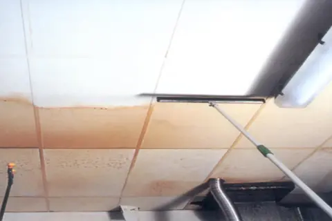 Limpiando manchas de agua en placas de techo desmontable con una mopa.