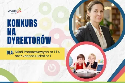 Konkurs na dyrektorów szkół podstawowych i zespołu szkół. Uśmiechnięci uczniowie i poważna dyrektorka.