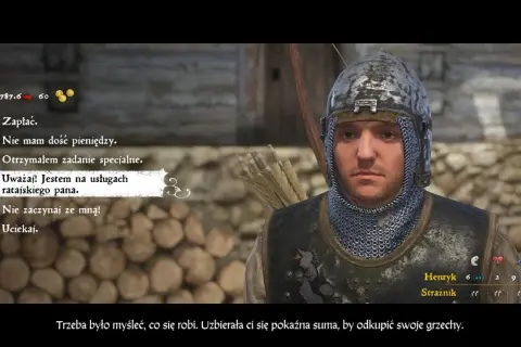 Kingdom Come: Deliverance poradnik. Henryk, strażnik, rozmawia z graczem, oferując opcje dialogowe.