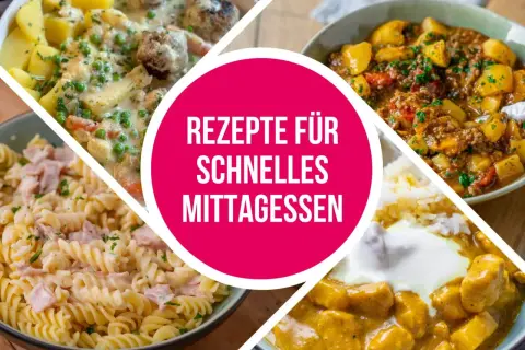 Vier leckere Gerichte für ein schnelles Mittagessen: Frikadellen mit Kartoffeln, Gulasch mit Kartoffeln, Nudeln mit Schinken und Curry mit Reis.