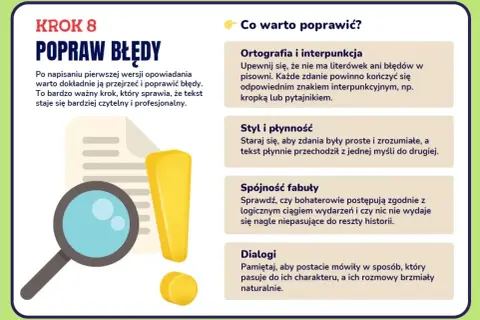 Krok 8: Popraw błędy. Lupa, wykrzyknik i tekst przypominają, że vox szczęśliwej drogi już czas, by dopracować opowiadanie.