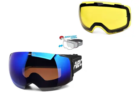 Zastanawiasz się, jakie gogle na snowboard wybrać? Zobacz te z wymiennymi soczewkami, w tym żółtą i lustrzaną, z magnetycznym mocowaniem.