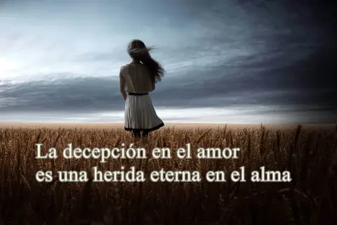 Mujer sola en campo de trigo, con cielo tormentoso. Frases de decepción de la vida, como una herida eterna en el alma.