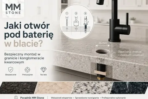 Montaż baterii kuchennej w blacie kwarcowym. Ilustracja pokazuje, jak wywiercić otwór o średnicy 35 mm dla stabilności i szczelności.