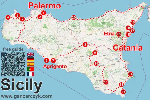 Mapa Sycylii z zaznaczonym Palermo na północnym wybrzeżu, Etna i Katania na wschodzie, Agrigento na południu. Gdzie leży Palermo? Na północy wyspy.