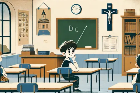 Klasa z krzyżem na ścianie, tablicą i uczniami. Lekcja religii w szkole.