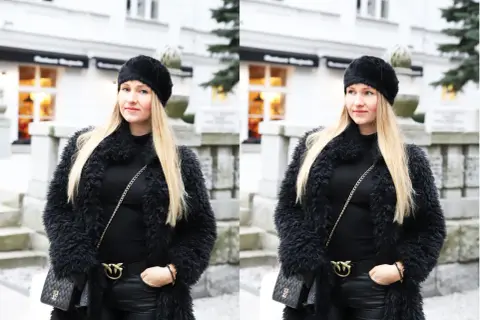 Kobieta w czarnym, puszystym futrze i czapce. Eleganckie futro stylizacje na zimę.