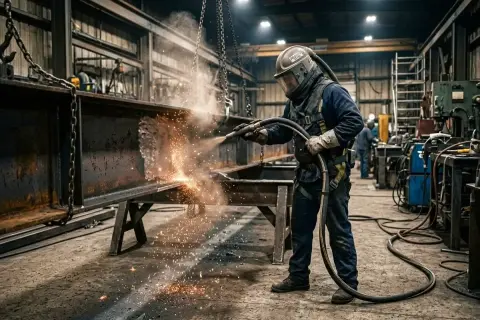 Pracownik w masce ochronnej wykonuje metalizację natryskową na stalowej belce, tworząc iskry i pył.