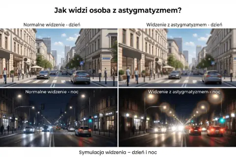 Symulacja widzenia ulicy w dzień i w nocy, pokazująca, jak rozmyte i zniekształcone są światła, gdy widzi osoba z astygmatyzmem.
